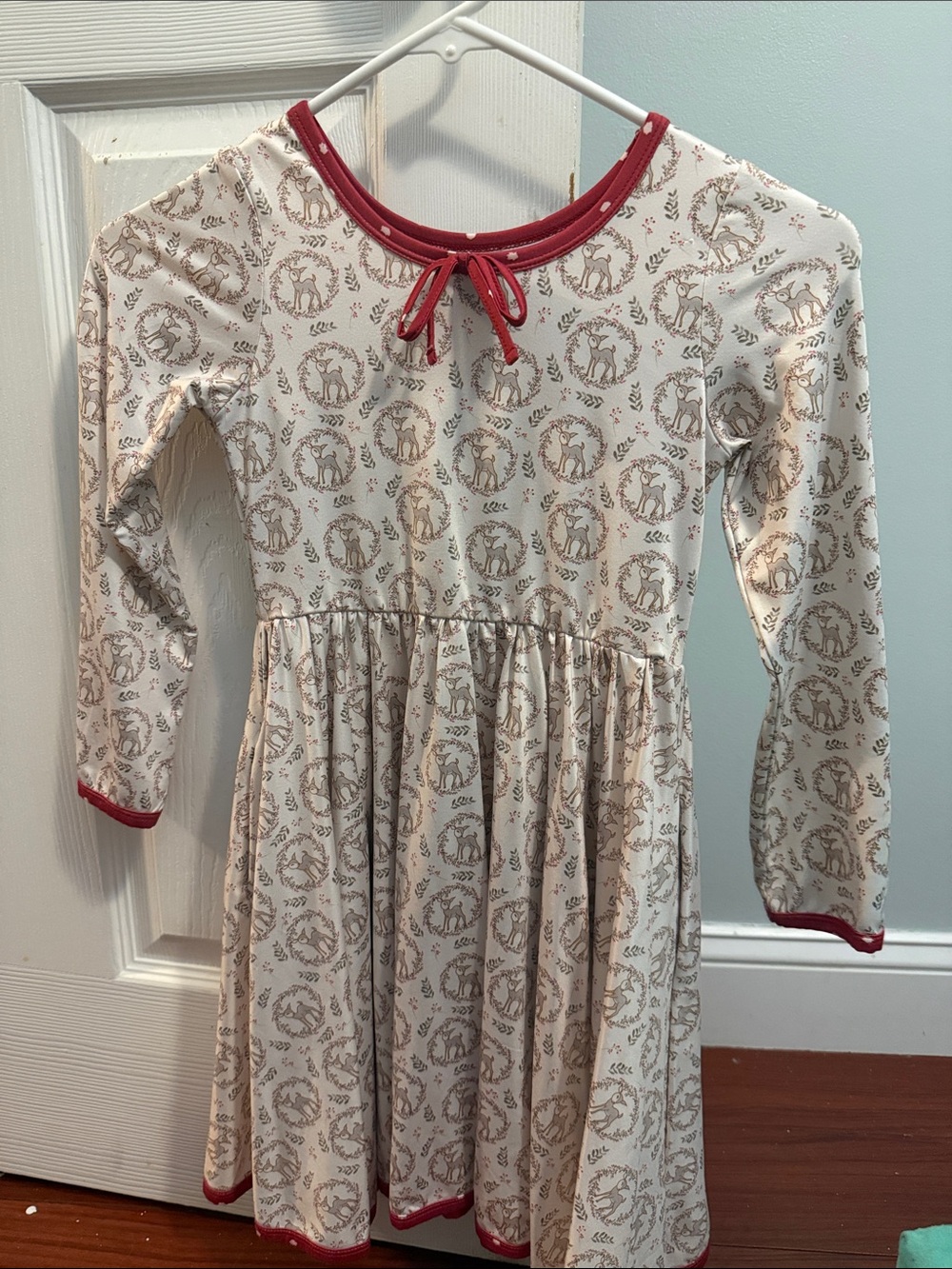 Girls Cream Deer-Print Long Sleeve Dress with Red Trim